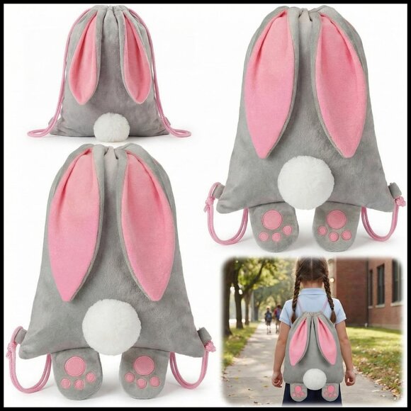 Large Velvet Easter Bunny Drawstring Backpack Reusable Treat Bag with Ears and main image 6